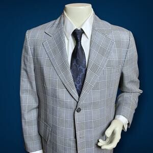 VTG Tailored Sport Coat Blazer Mens Glen Plaid Blue Gray Black White Custom 44R